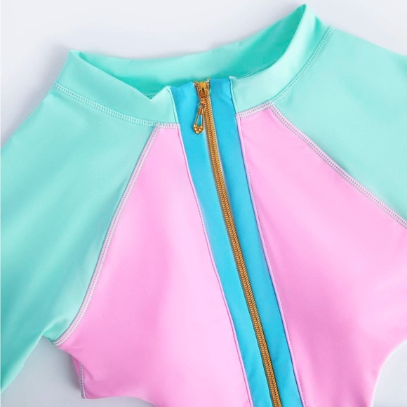 Colorblock Pink Turquoise Blue Green One Piece Swimsuit - Picture 6 of 11